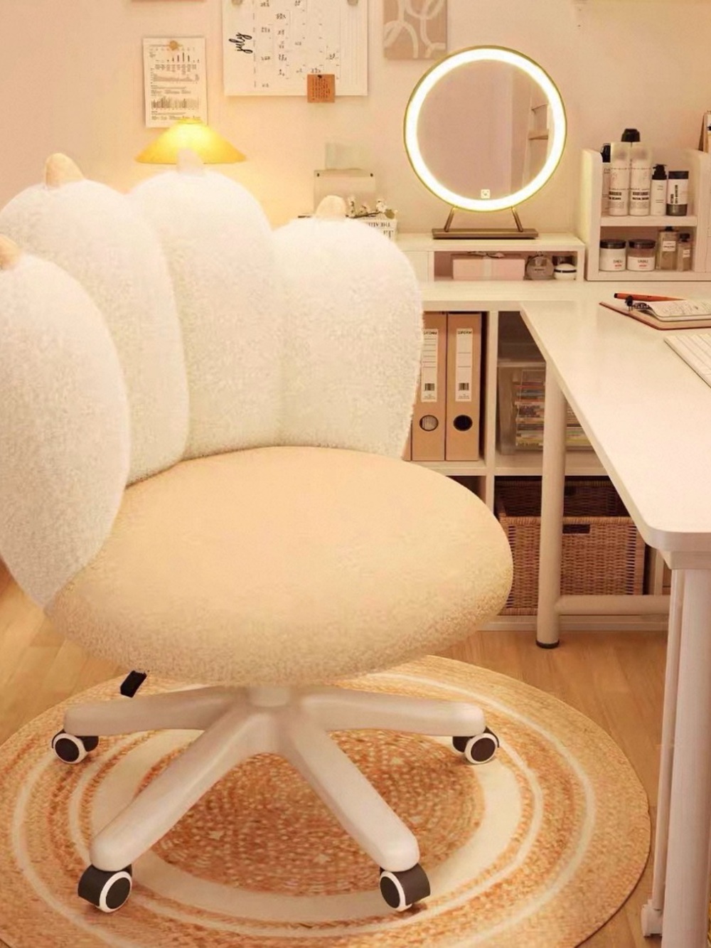Plush Curved Desk Chair in Cream and White by